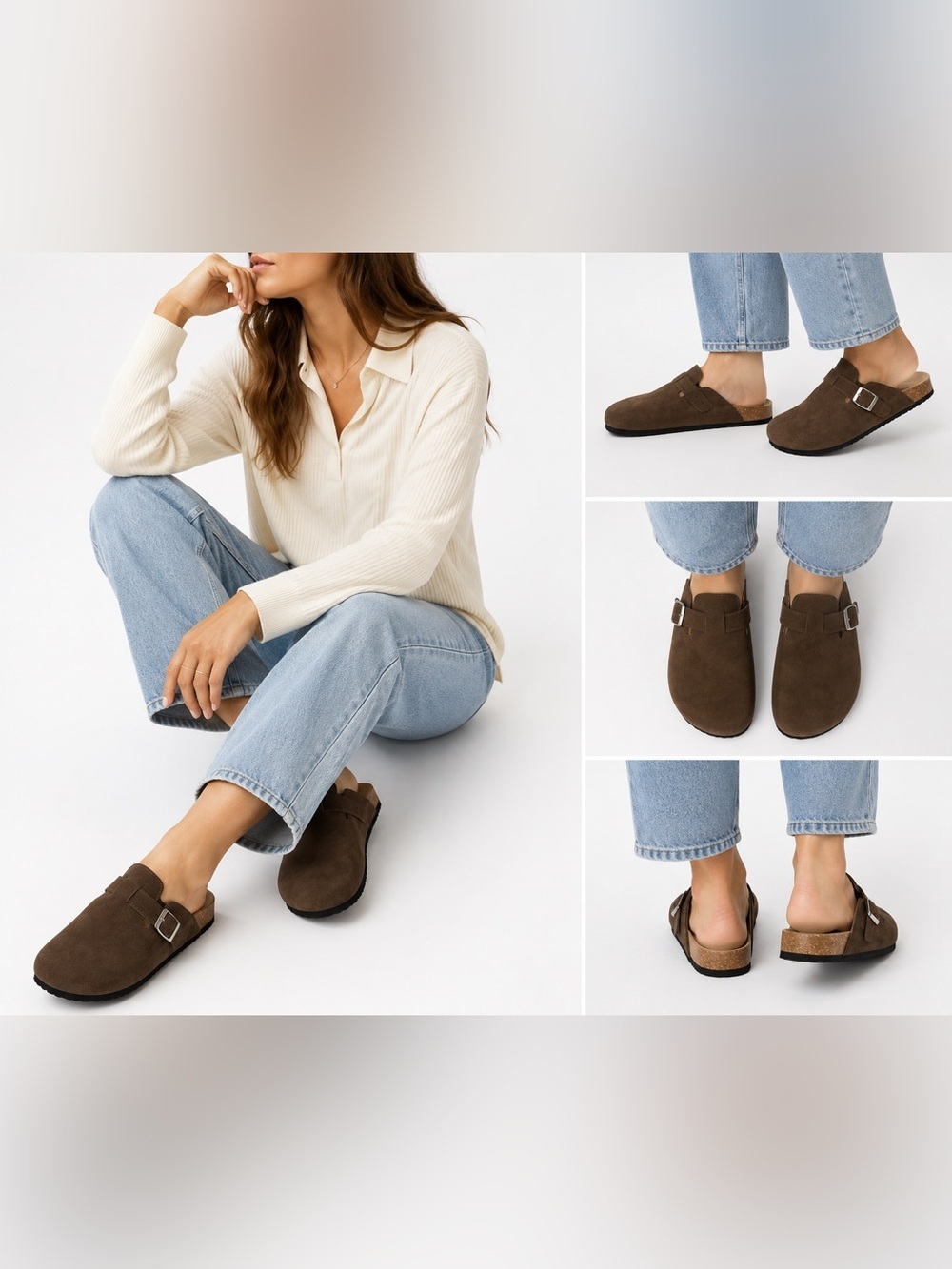 Brown Olive Faux Suede Buckle Clog Mules | EU 40 | Cork Footbed